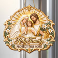 Holy Family wooden door sign with ornate religious artwork and hanging cord