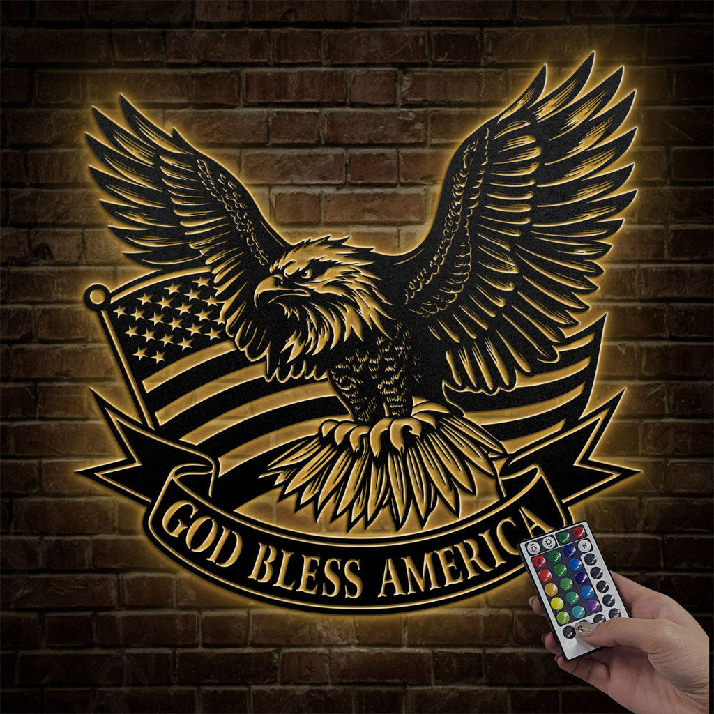Metal wall art sign with eagle, American flag and text banner