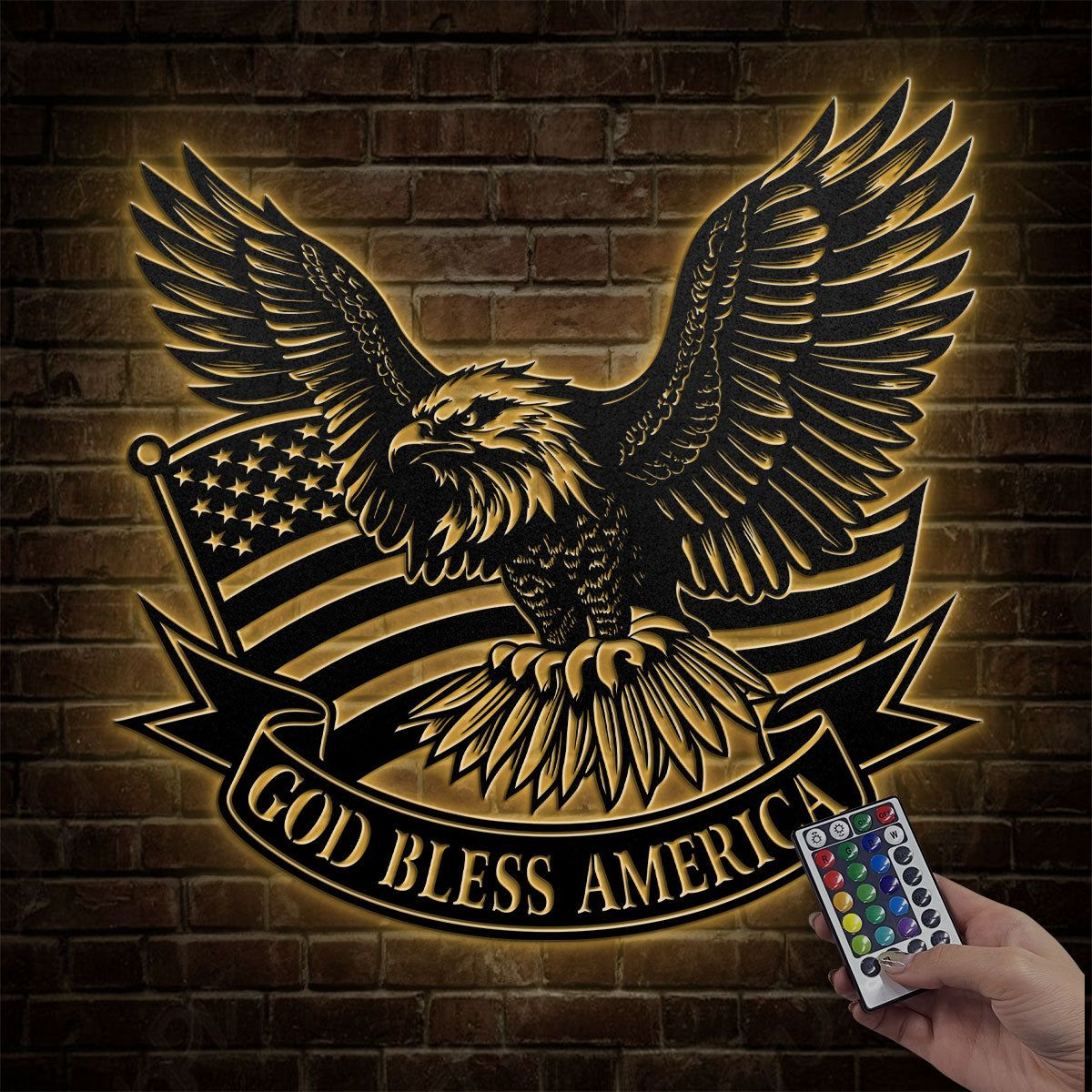 Metal wall art sign with eagle, American flag and text banner