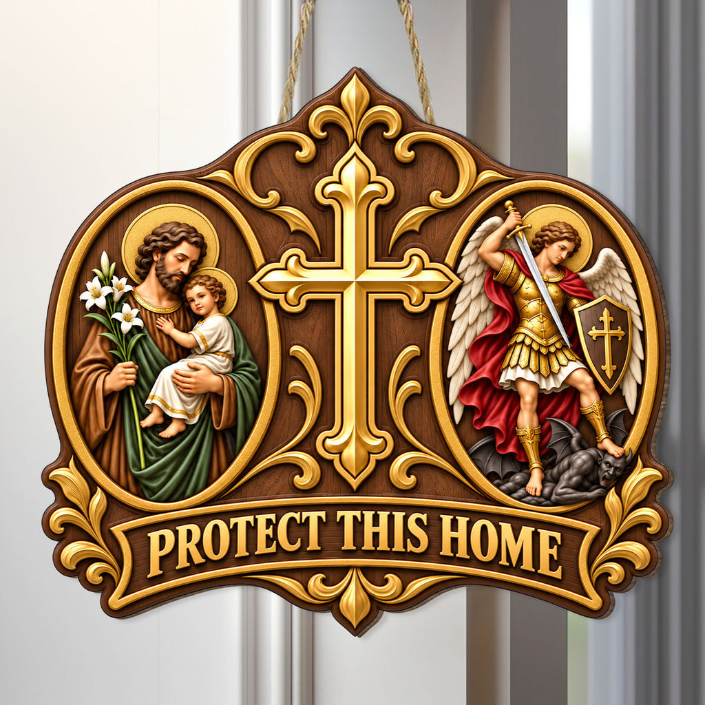Wooden Protect This Home door sign with Saint Joseph, Saint Michael and central cross