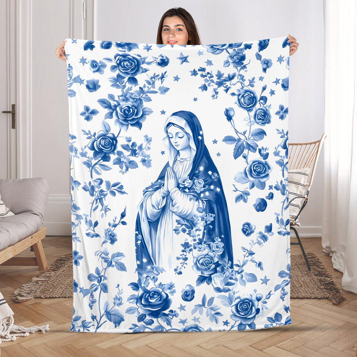 Blue floral fleece blanket with central religious figure