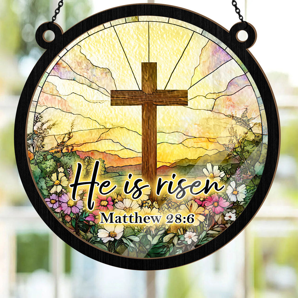 Round Christian Easter window suncatcher with cross, flowers and hanging chain