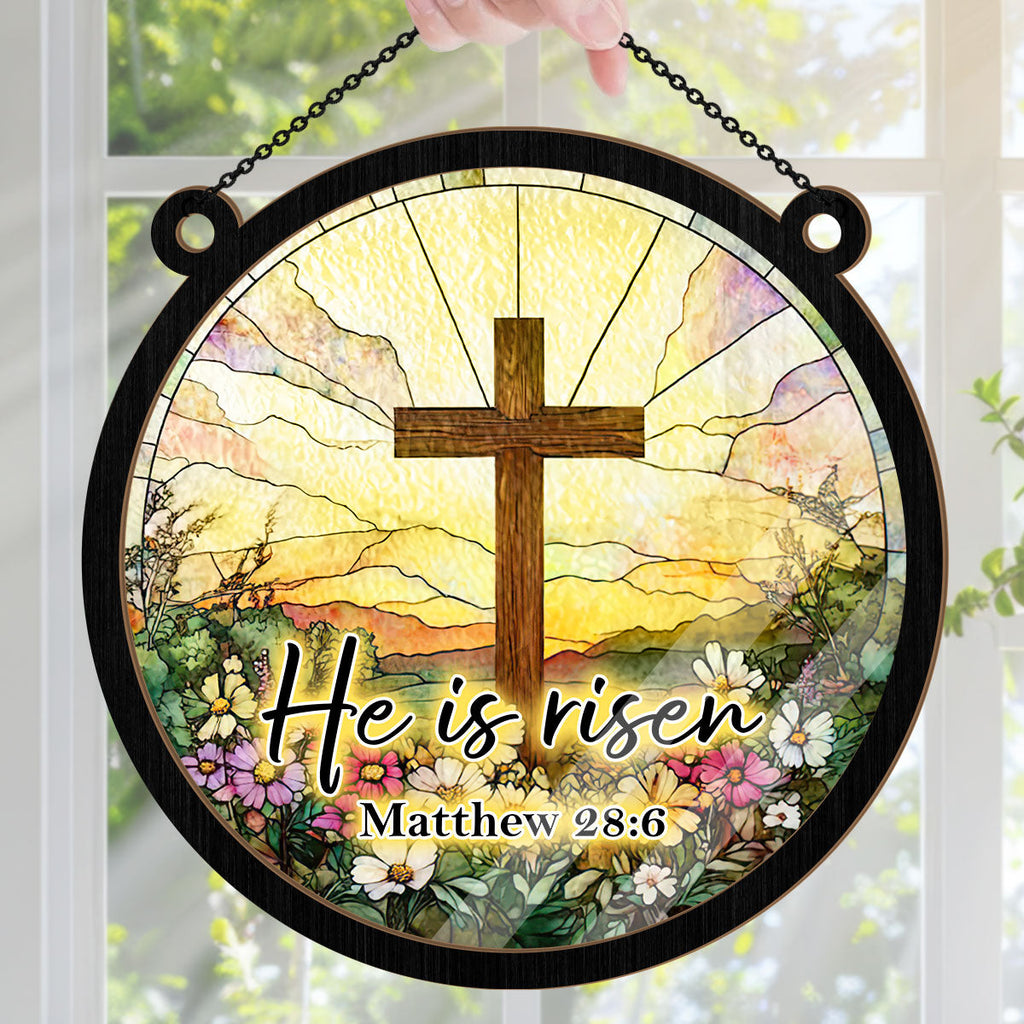 Round Christian Easter window suncatcher with cross, flowers and hanging chain