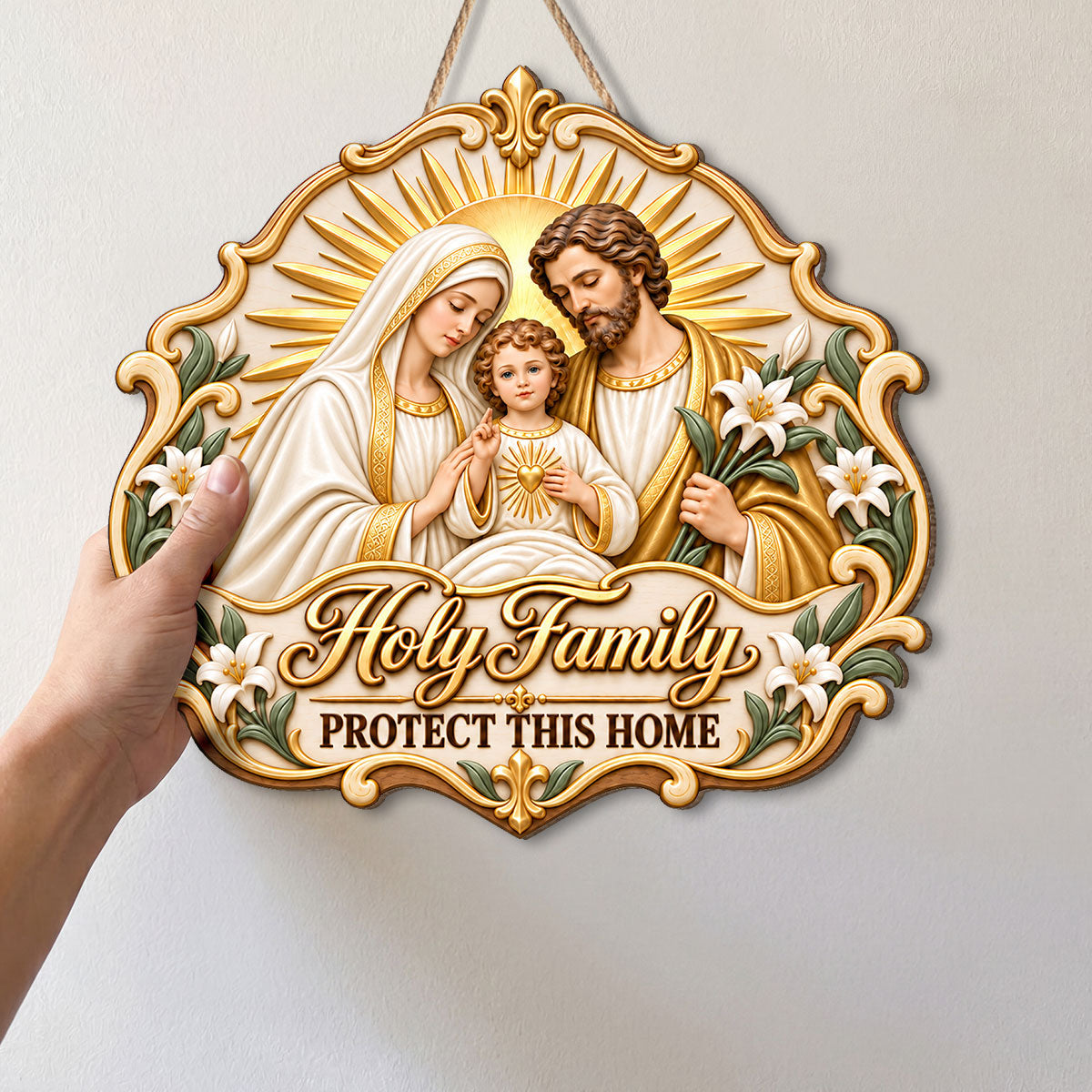 Holy Family wooden door sign with ornate religious artwork and hanging cord