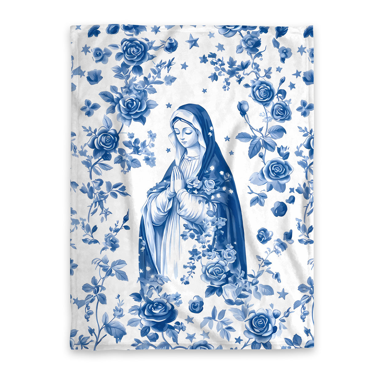 Blue floral fleece blanket with central religious figure