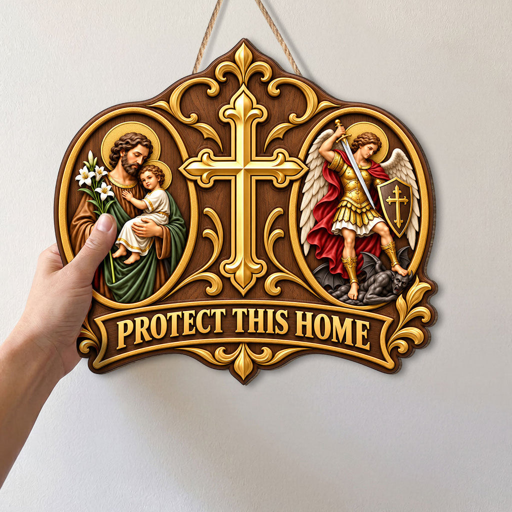 Wooden Protect This Home door sign with Saint Joseph, Saint Michael and central cross