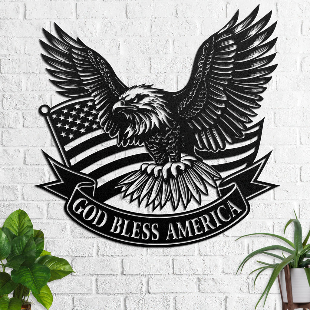 Metal wall art sign with eagle, American flag and text banner