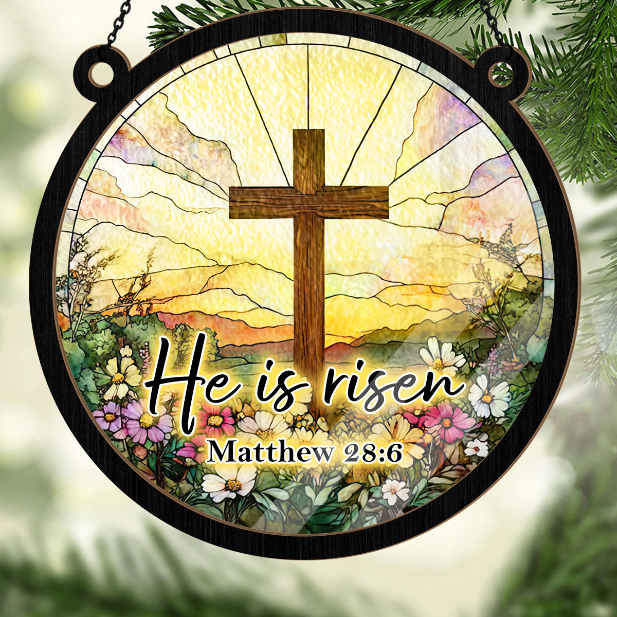 Round Christian Easter window suncatcher with cross, flowers and hanging chain