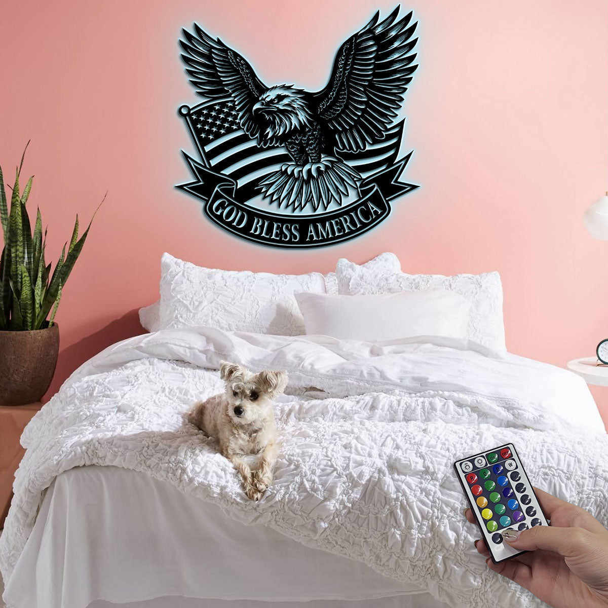 Metal wall art sign with eagle, American flag and text banner