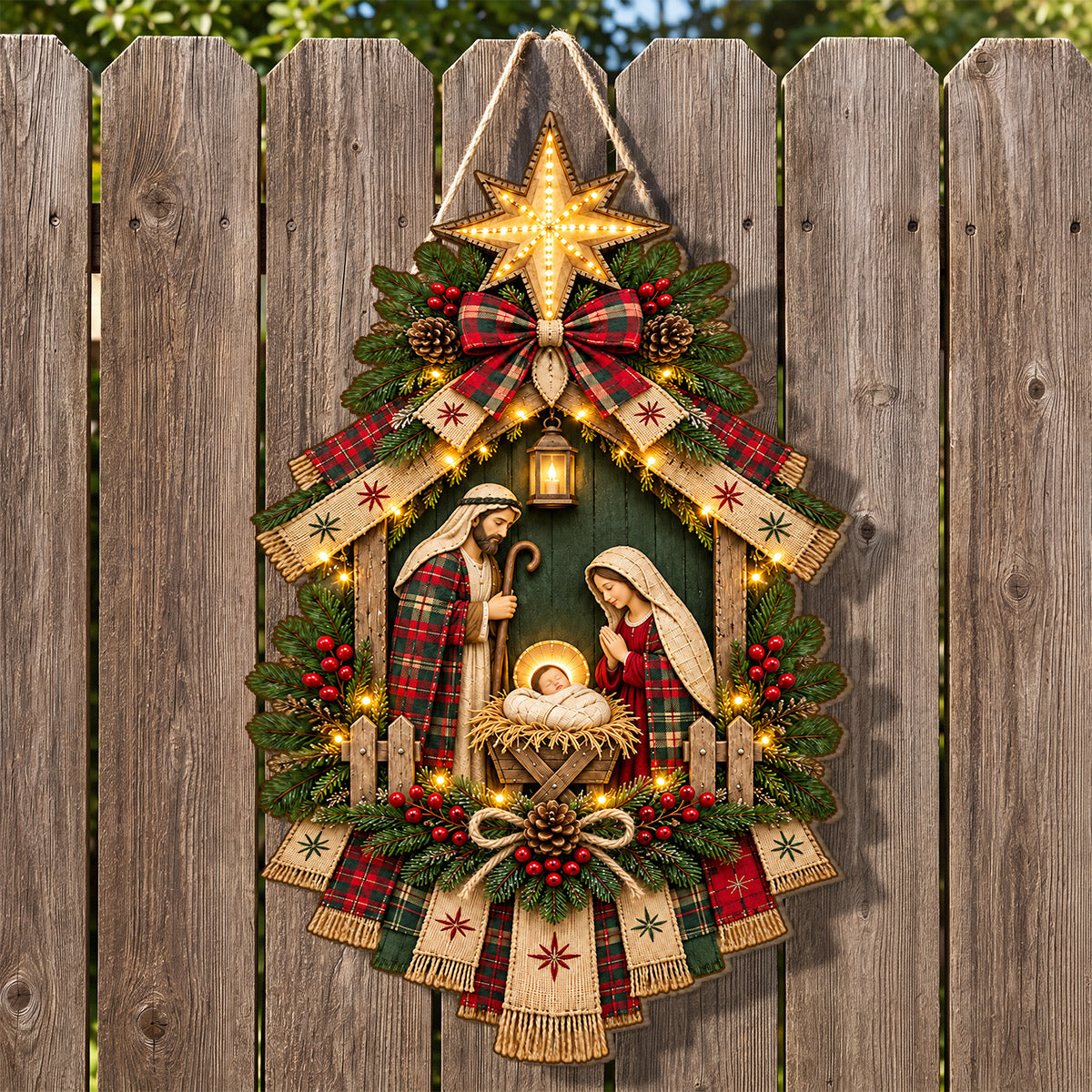 Christmas nativity door hanging decoration with star, ribbons, greenery and decorative lights
