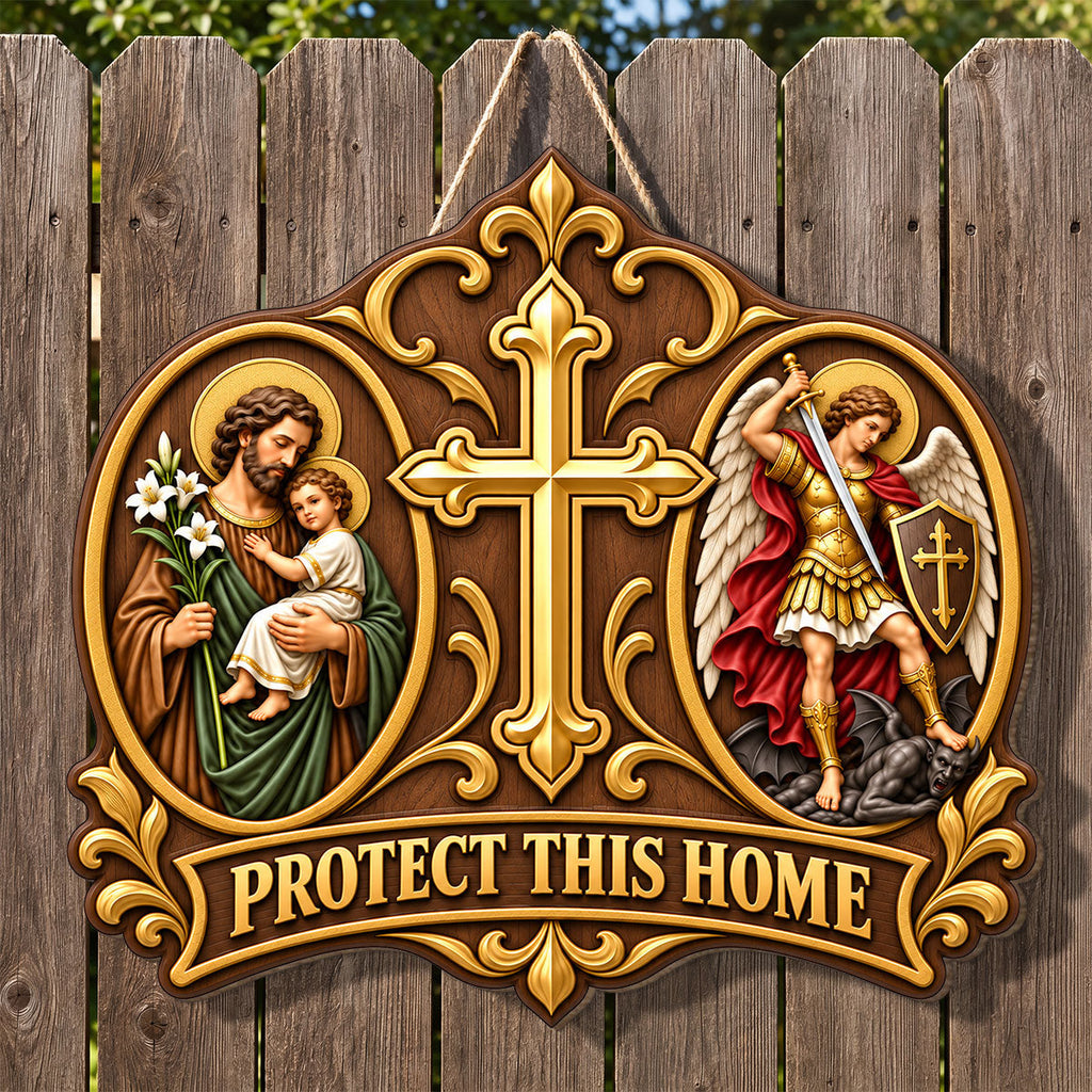 Wooden Protect This Home door sign with Saint Joseph, Saint Michael and central cross