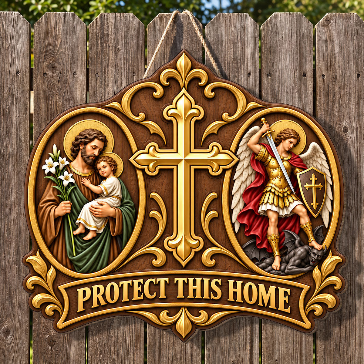 Wooden Protect This Home door sign with Saint Joseph, Saint Michael and central cross