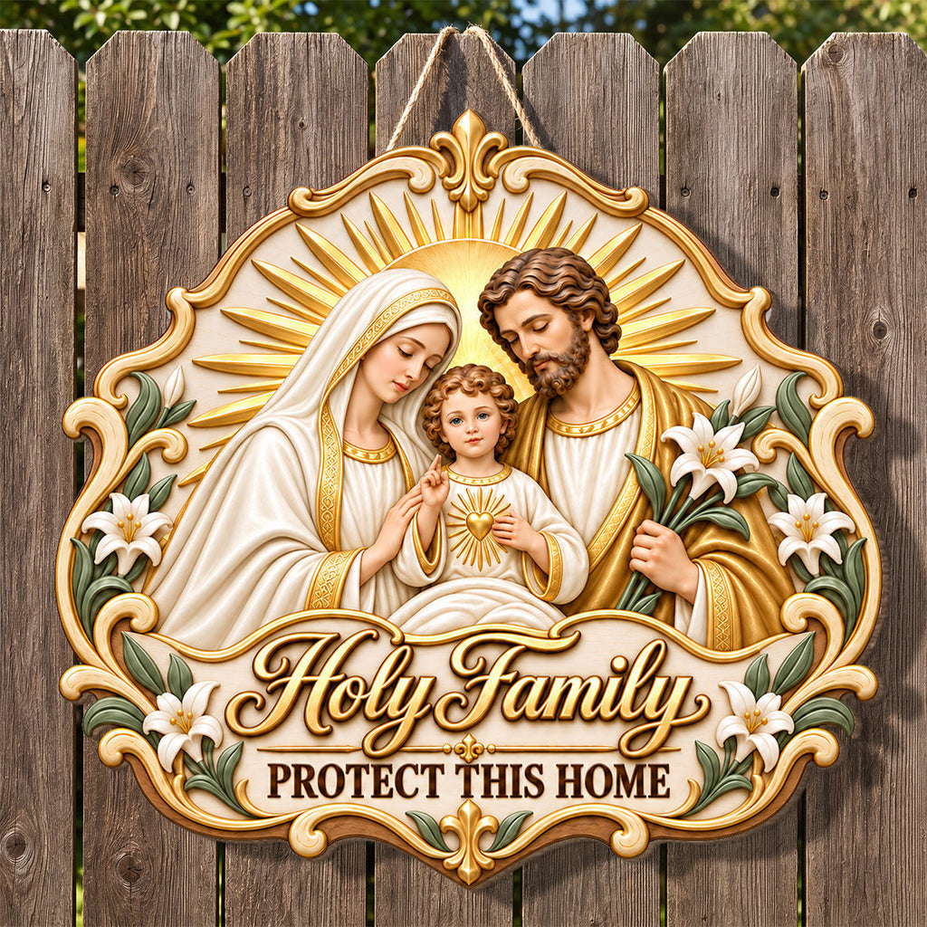 Holy Family wooden door sign with ornate religious artwork and hanging cord