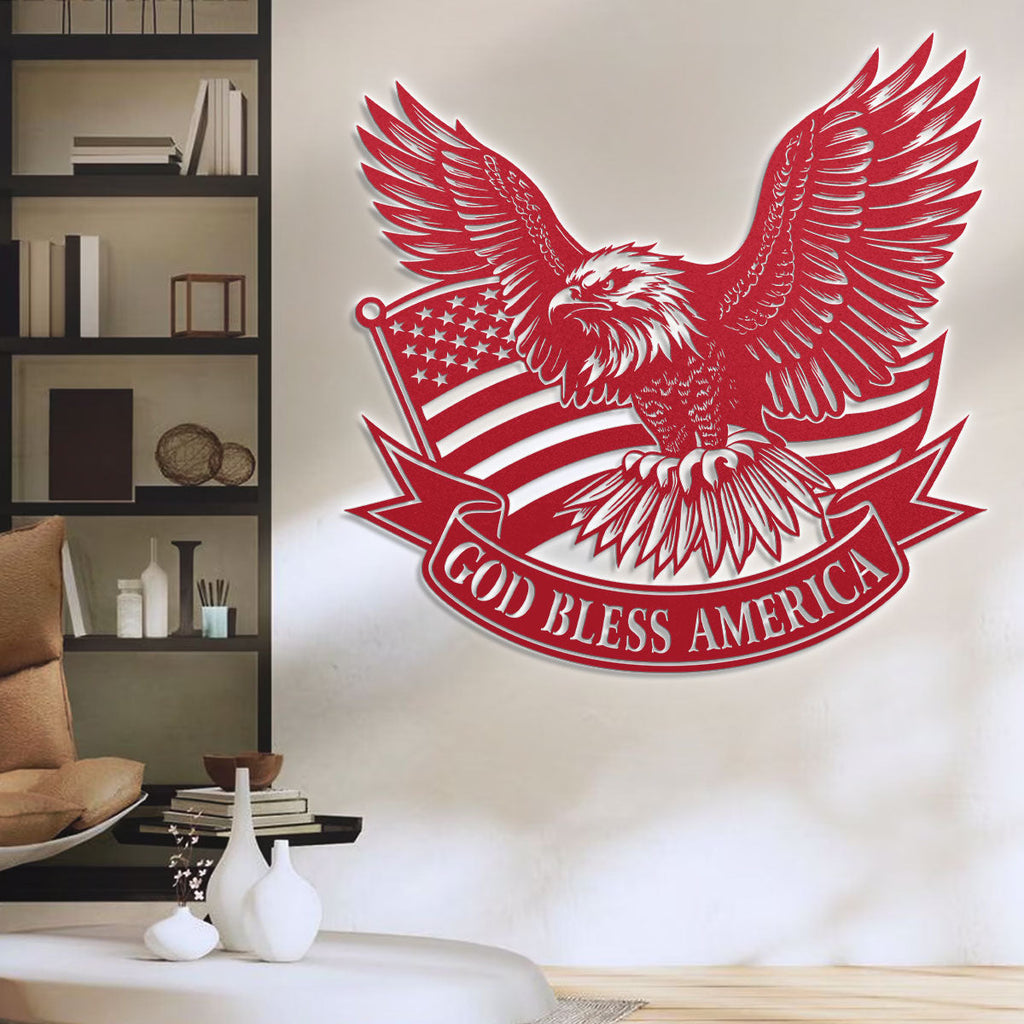 Metal wall art sign with eagle, American flag and text banner