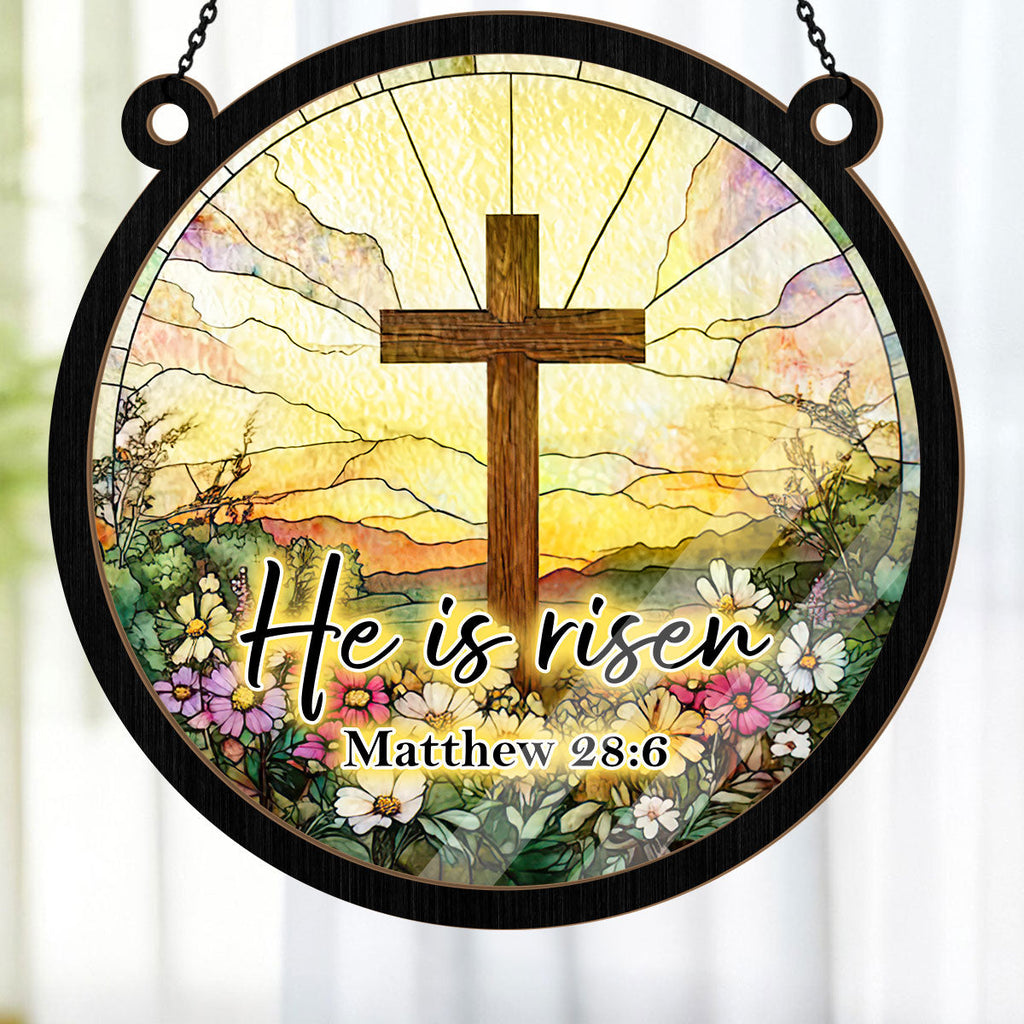 Round Christian Easter window suncatcher with cross, flowers and hanging chain
