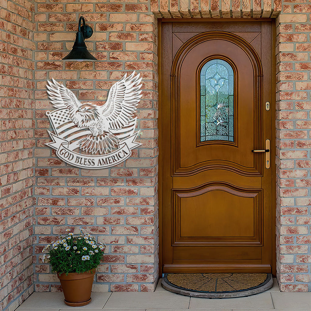 Metal wall art sign with eagle, American flag and text banner