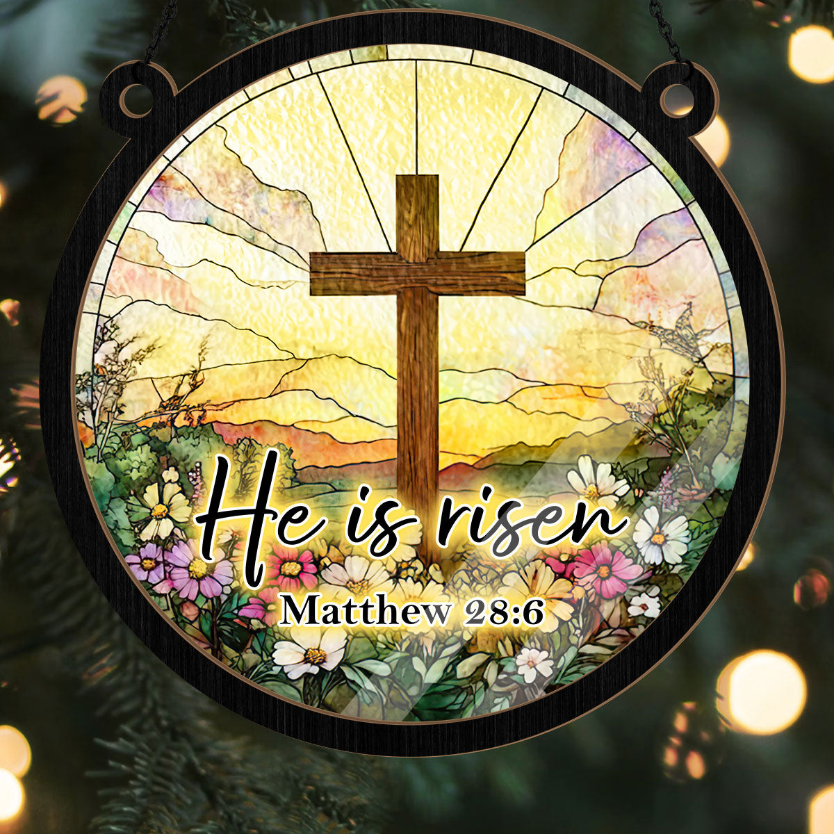 Round Christian Easter window suncatcher with cross, flowers and hanging chain