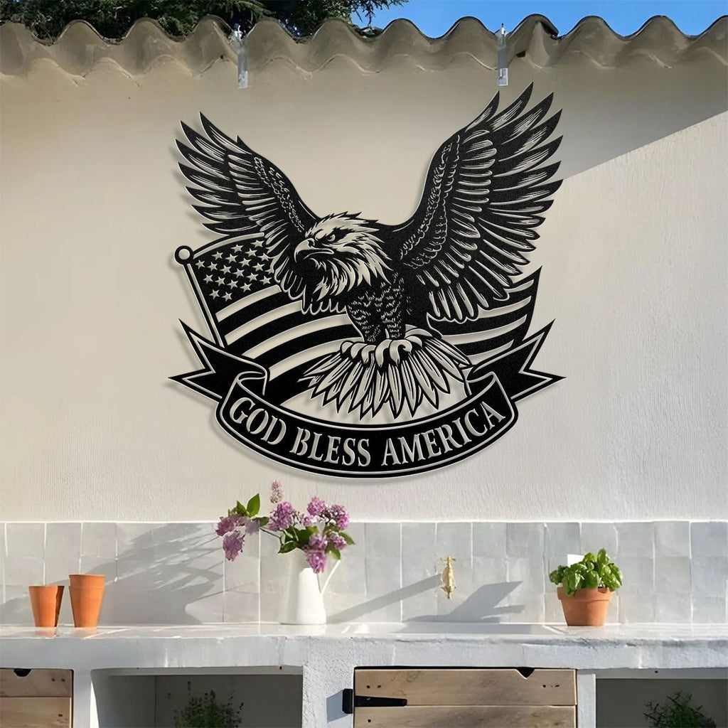 Metal wall art sign with eagle, American flag and text banner