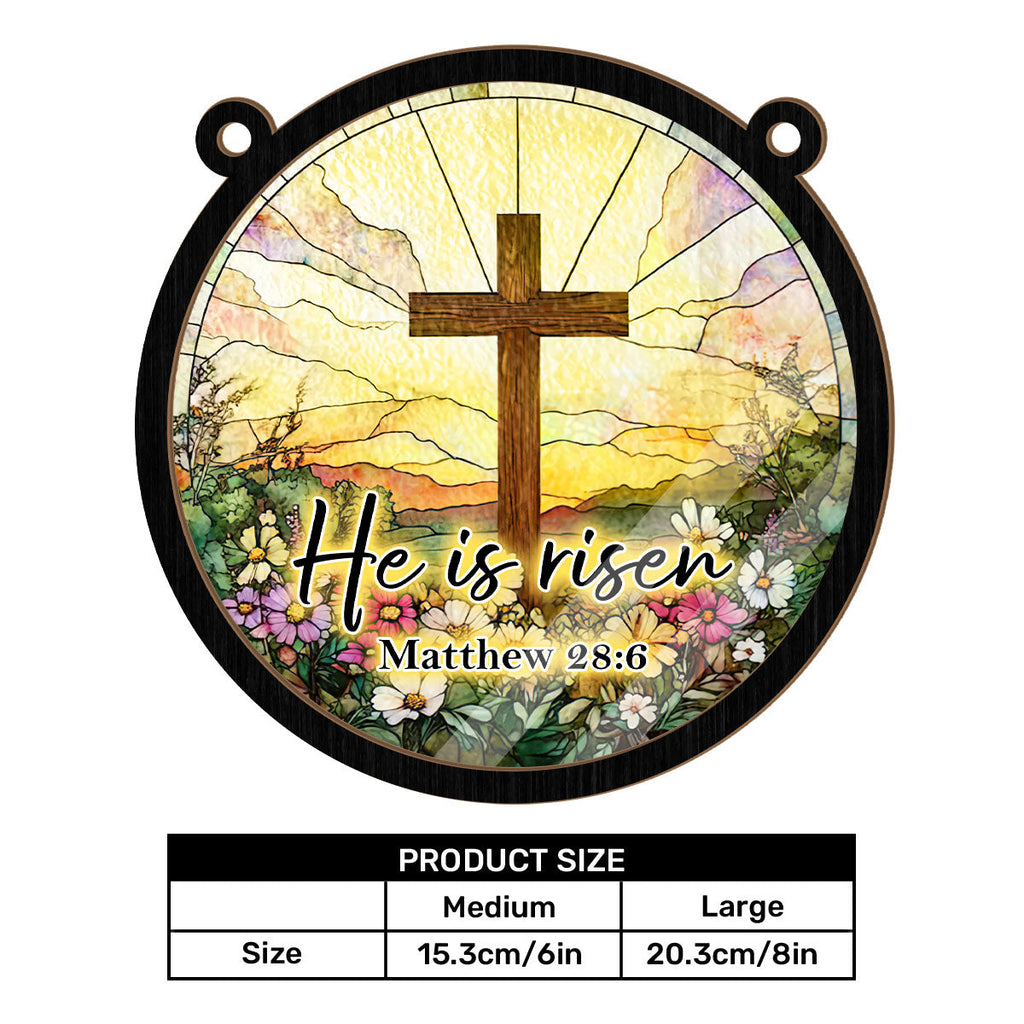 Round Christian Easter window suncatcher with cross, flowers and hanging chain