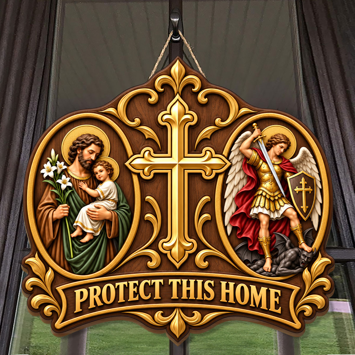 Wooden Protect This Home door sign with Saint Joseph, Saint Michael and central cross