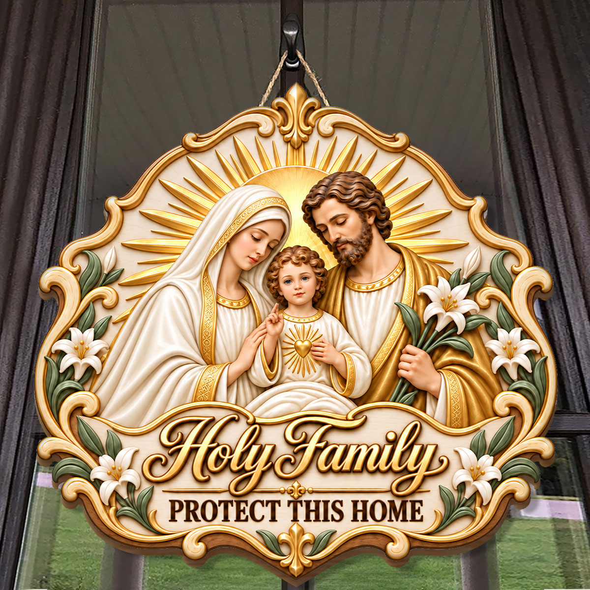 Holy Family wooden door sign with ornate religious artwork and hanging cord