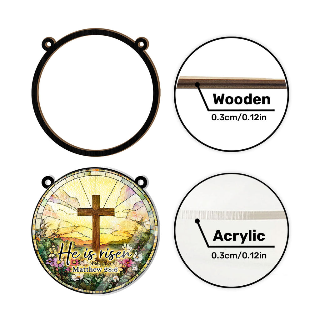 Round Christian Easter window suncatcher with cross, flowers and hanging chain