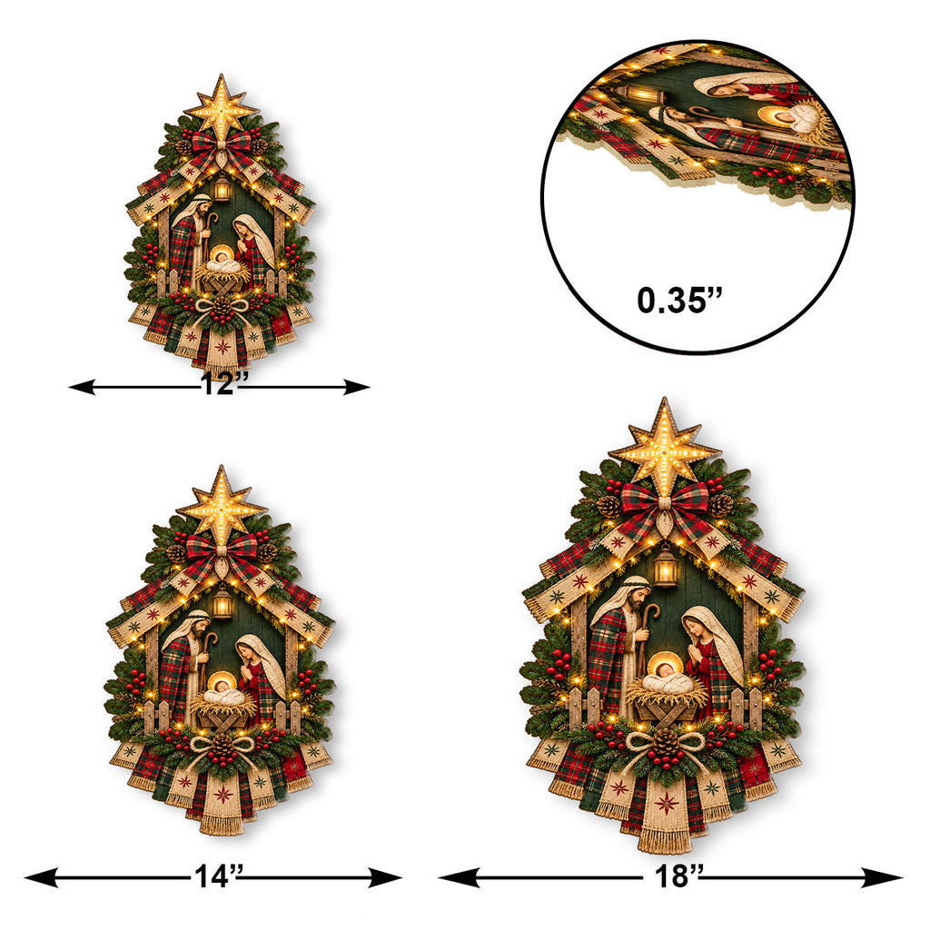 Christmas nativity door hanging decoration with star, ribbons, greenery and decorative lights