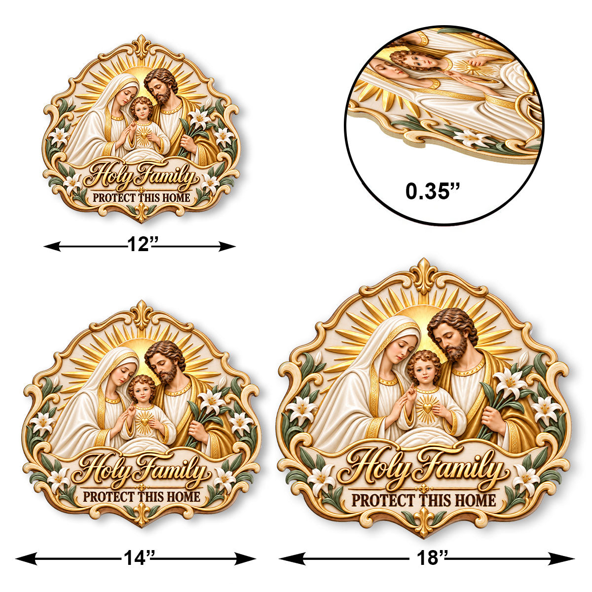 Holy Family wooden door sign with ornate religious artwork and hanging cord