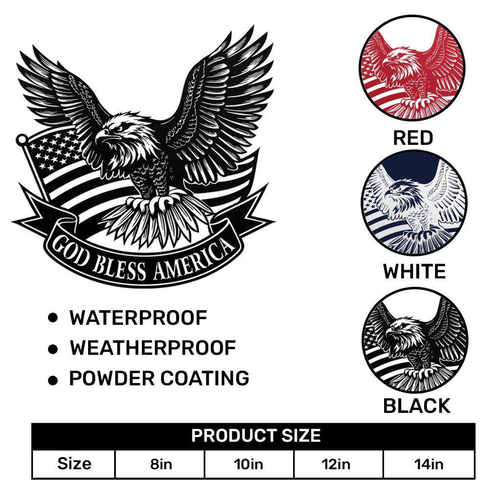 Metal wall art sign with eagle, American flag and text banner