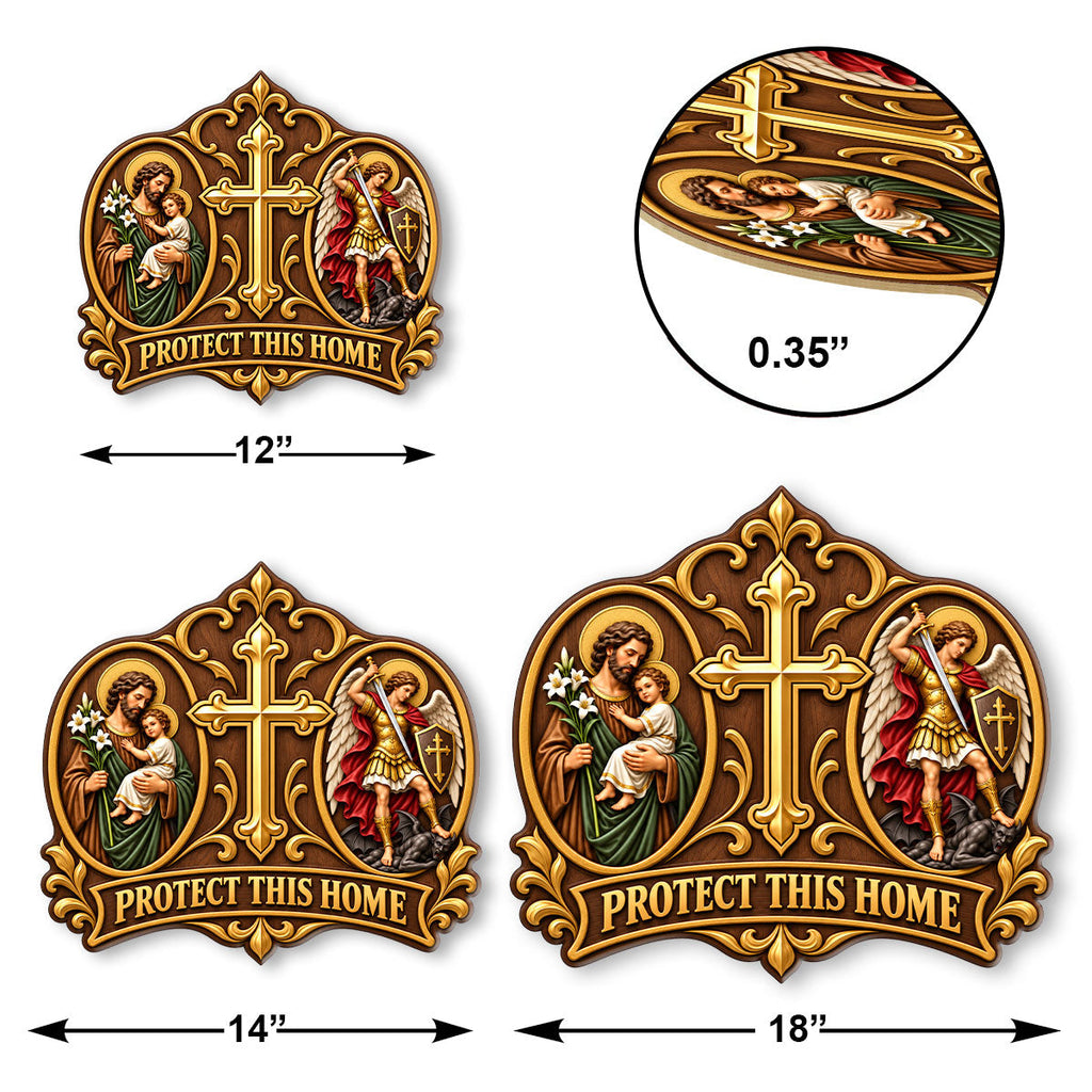 Wooden Protect This Home door sign with Saint Joseph, Saint Michael and central cross