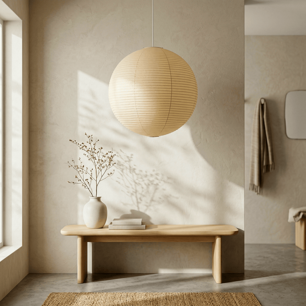 Spherical pendant light with a ribbed globe shade suspended from a ceiling