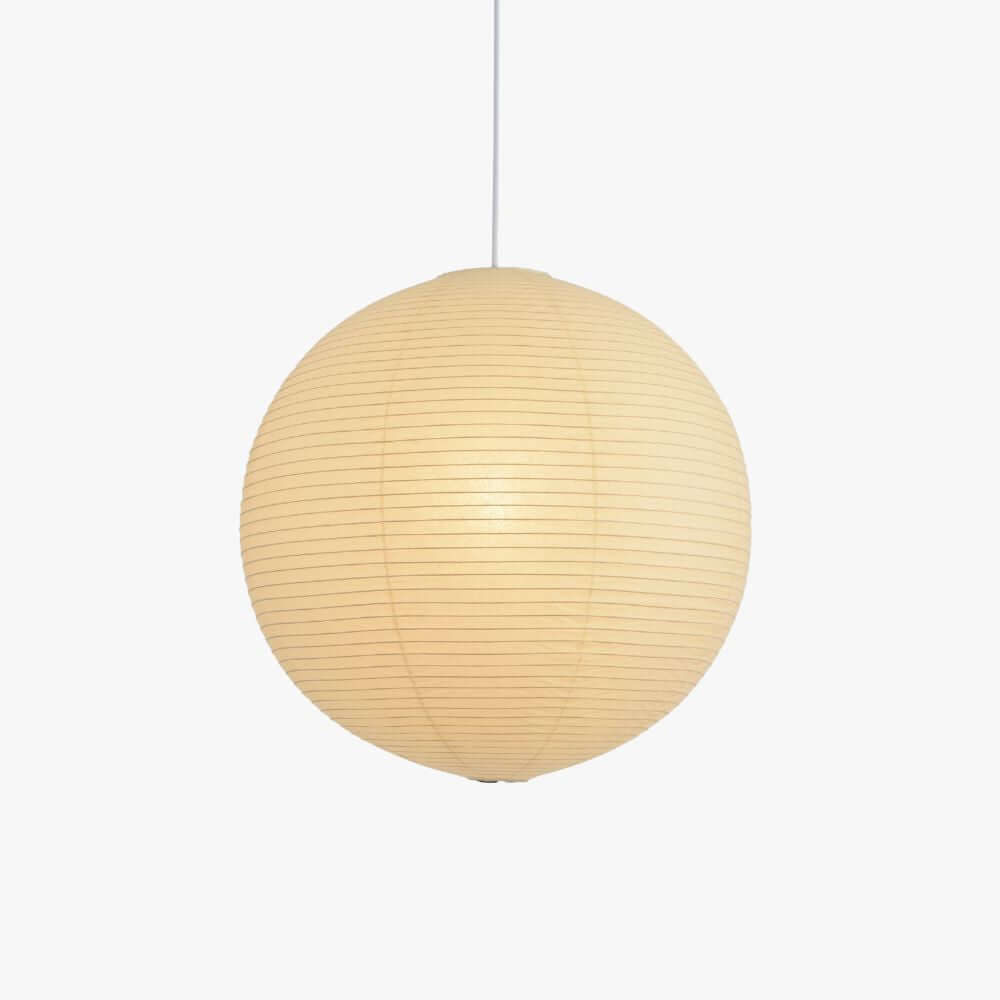 Spherical pendant light with a ribbed globe shade suspended from a ceiling