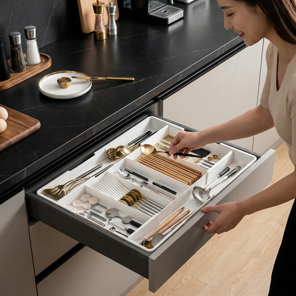 White adjustable cutlery drawer organiser with multiple kitchen utensil compartments
