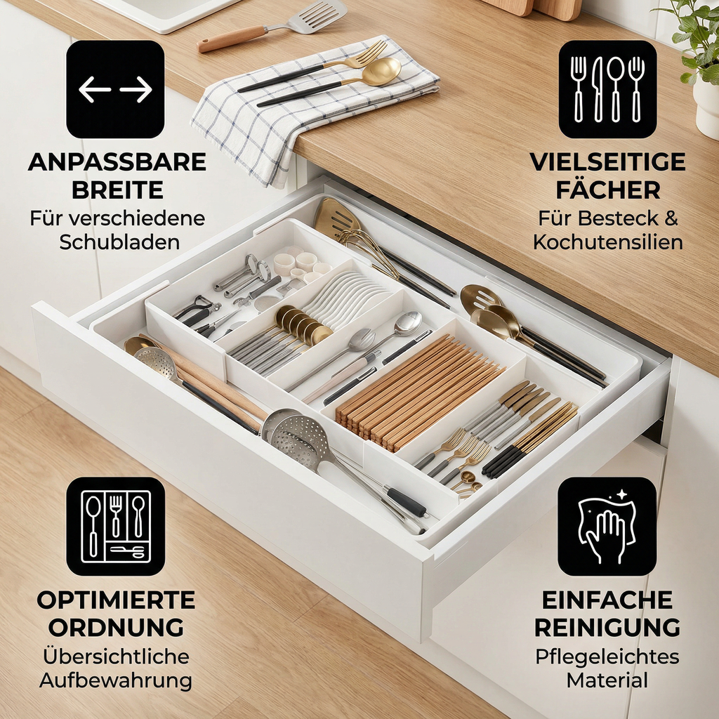 White adjustable cutlery drawer organiser with multiple kitchen utensil compartments