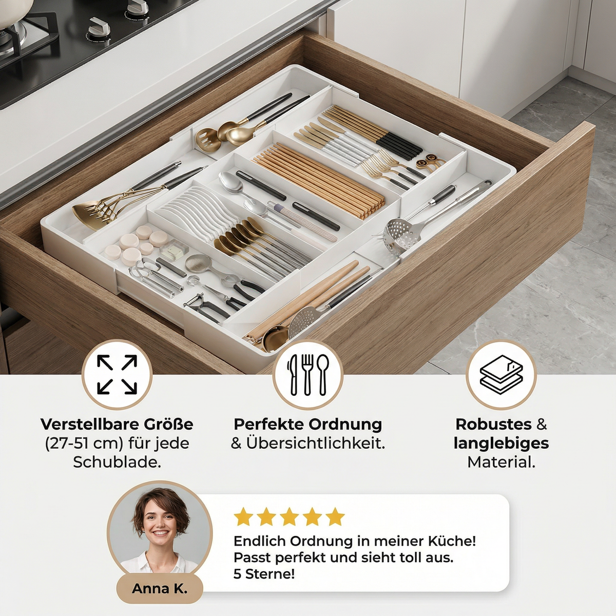 White adjustable cutlery drawer organiser with multiple kitchen utensil compartments