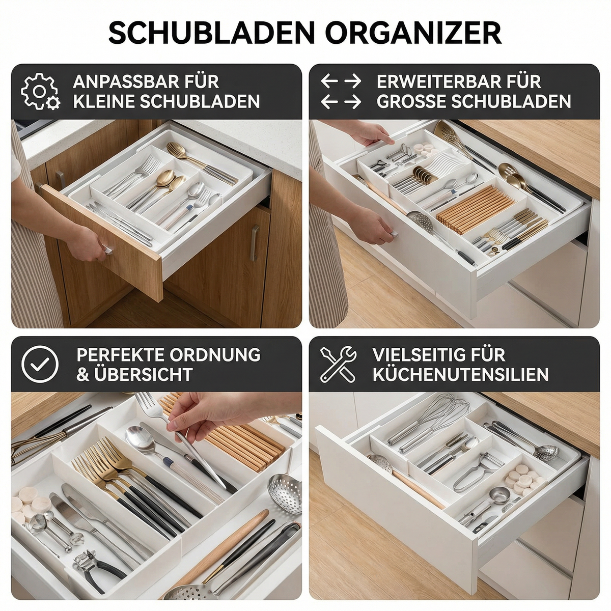 White adjustable cutlery drawer organiser with multiple kitchen utensil compartments