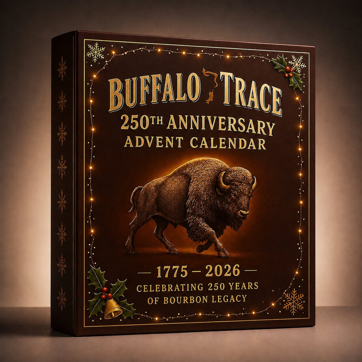 Black whisky advent calendar box with Buffalo Trace 250th anniversary buffalo design