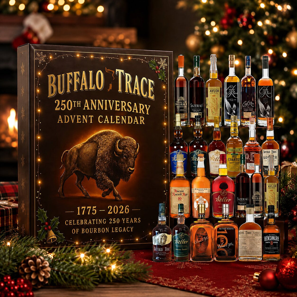 Black whisky advent calendar box with Buffalo Trace 250th anniversary buffalo design
