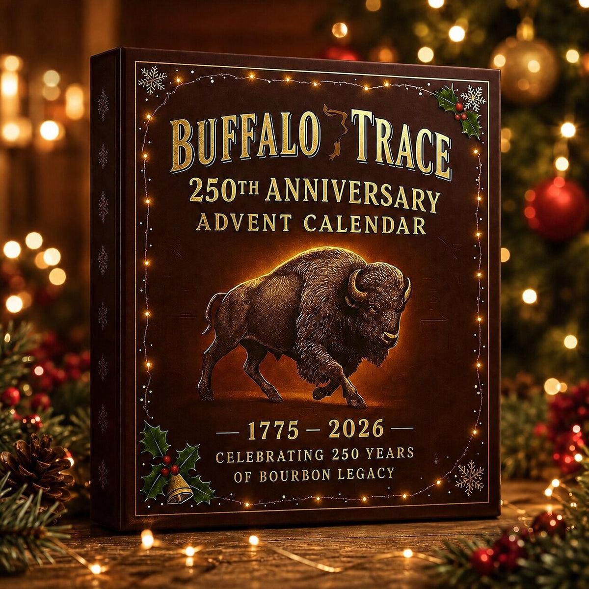 Black whisky advent calendar box with Buffalo Trace 250th anniversary buffalo design