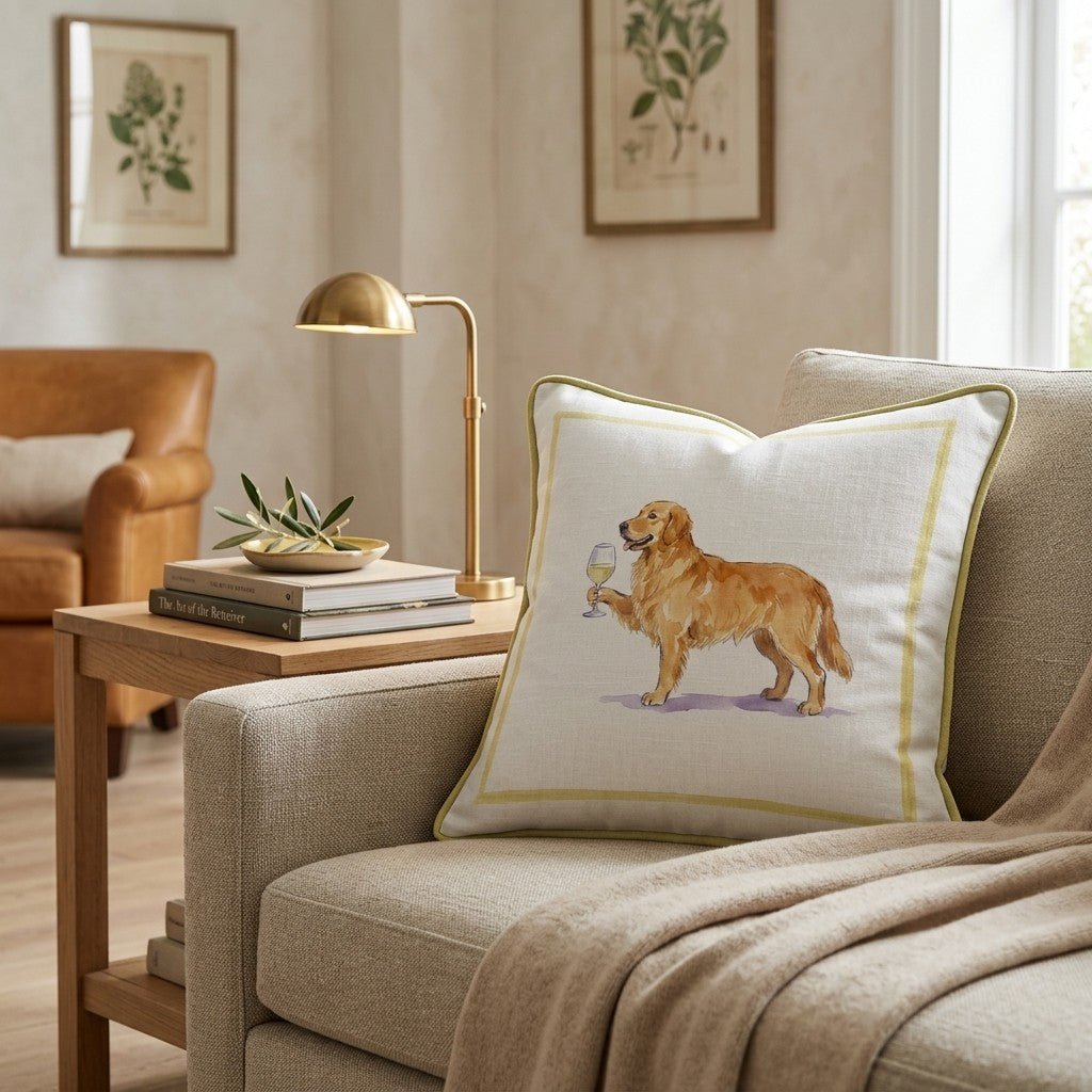 White throw pillow with a golden retriever holding a wine glass