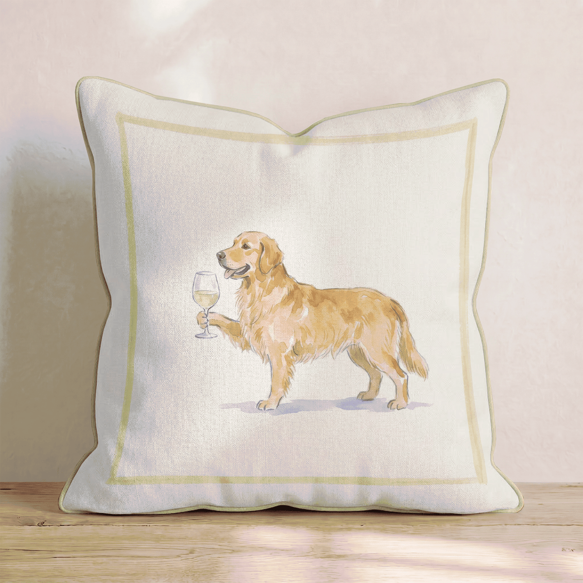 White throw pillow with a golden retriever holding a wine glass